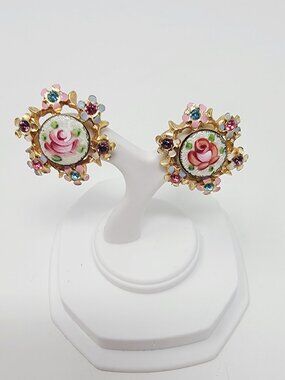 Vintage Hand Painted Floral Enamel Screw Back Earrings Rhinestone Gold Tone